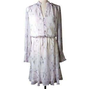 WHBM Blouson Ruffle Dress Long Sleeve Snake Skin Print White Lavender Size 14